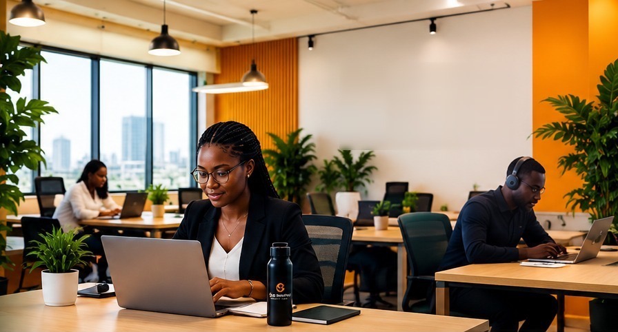 Apprenante travaillant sur son ordinateur dans l'espace coworking de CEFICI Formation