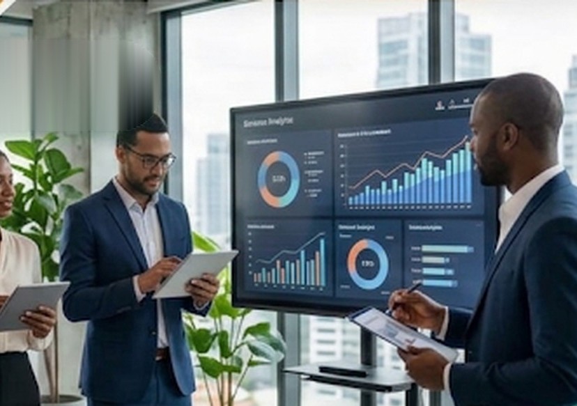 Équipe de professionnels analysant un tableau de bord lors d'une session CEFICI — certifié FDFP